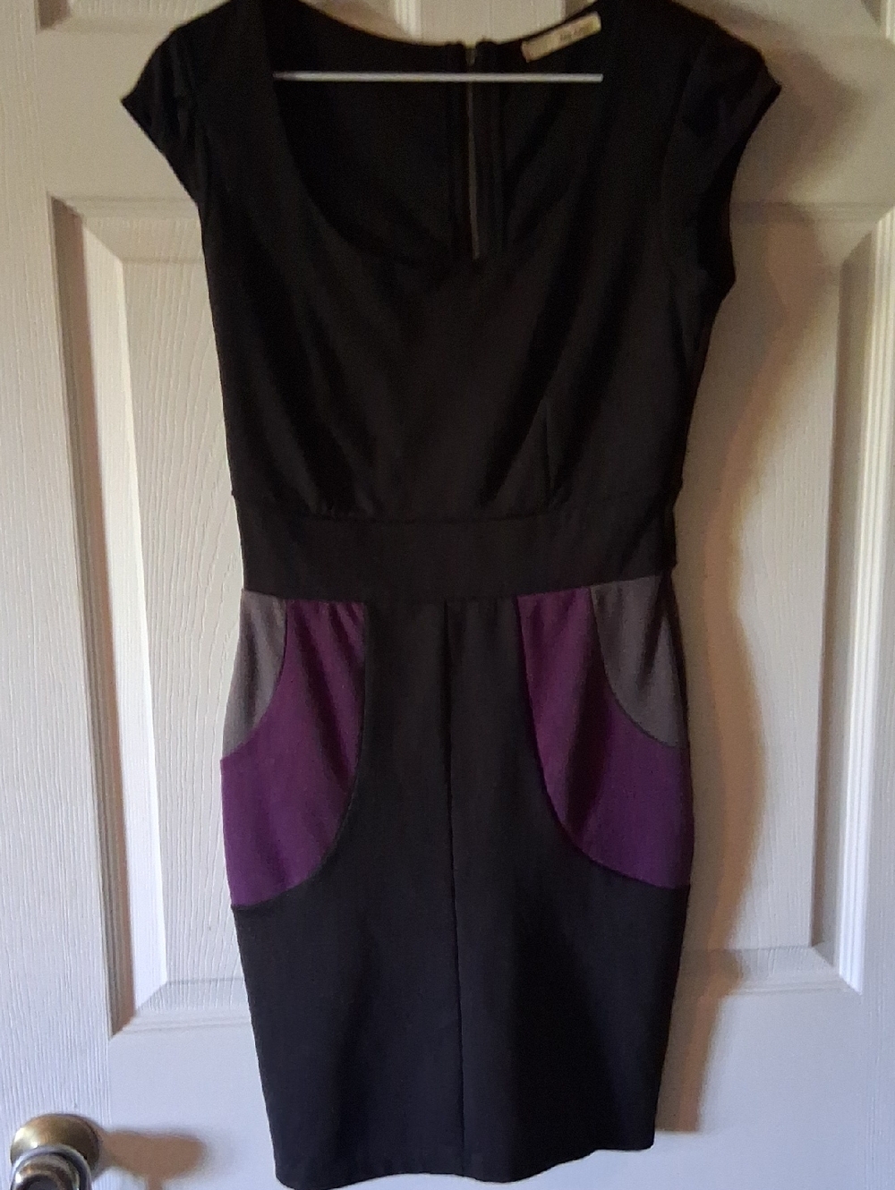 BeBop Black Sheath Dress with Purple and Gray Pocket Panels